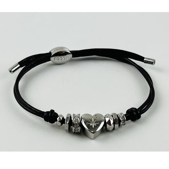 Fossil Boho Heart Silver Beads Brown Pull Cord Bracelet Adjustable Rhinestones - Picture 2 of 12